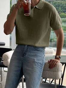 Men's Half-Zip Solid Military Green Knit Sweater, Summer - Army Green - View 5