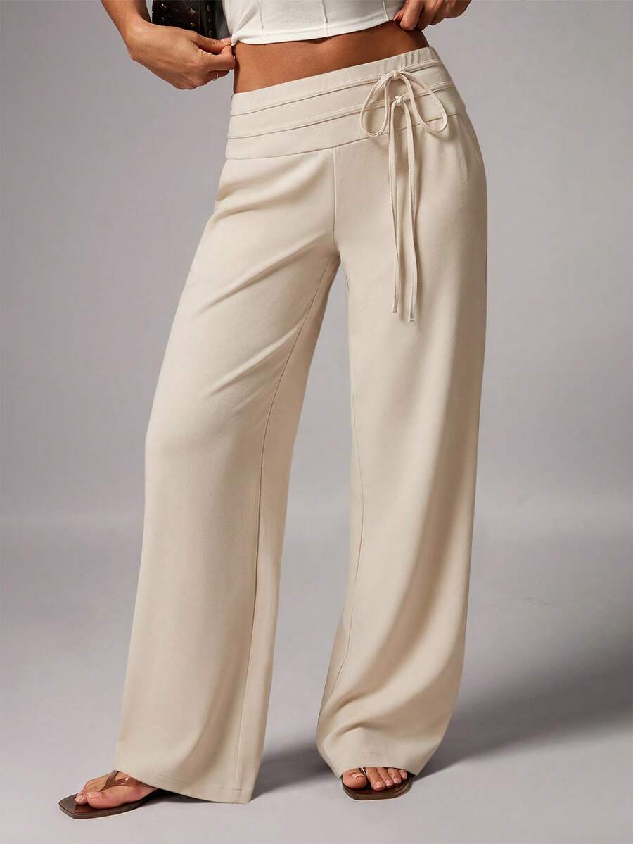 Avenya 女士纯色抽绳腰休闲百搭阔腿裤，适合日常穿着 - 杏色 - 查看 1