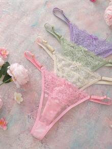 Charlaine 5pcs/Pack Women's Low-Rise Lace Thong Panties, Random Heart Pattern - Multicolor - View 3