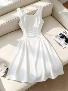 GlowEve Women's Elegant Pleated A-Line Camisole Dress, French Style Waist Cinched White Sleeveless Mini Dress For Summer - White - View 1