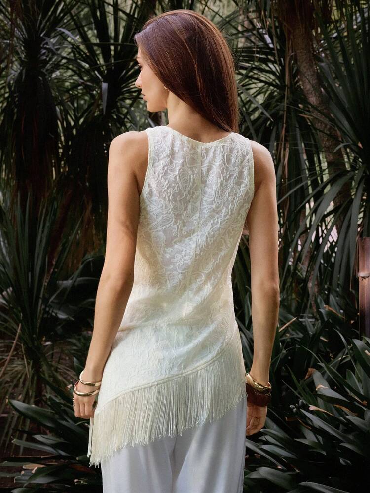 SHEIN Maija Women's Elegant Solid Color Lace Asymmetric Fringe Hem Camisole Top, Summer, Summer Tops, Summer Clothes, Summer Outfits For Women, Summer Top , Spring Clothing , Spring Outfit , Party Top, Party Outfit , Beach Dresses For Women, Beach Outfits, Weddings & Events , Graduation Ceremony, Birthday Outfits For Women, Elegant Women's Blouses , Holiday Outfits For Women, Summer Holiday Outfits, Beach Vacation Outfits For Women , Tassels, Asymmetrical Hem, Swing Collar