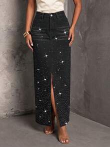 Slaydiva Chân váy denim dài có túi đính đá cho nữ - màu đen - Xem 6