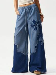 Bohemela Women's Casual Woven Patchwork Loose Wide Leg Pants - Blue - View 6