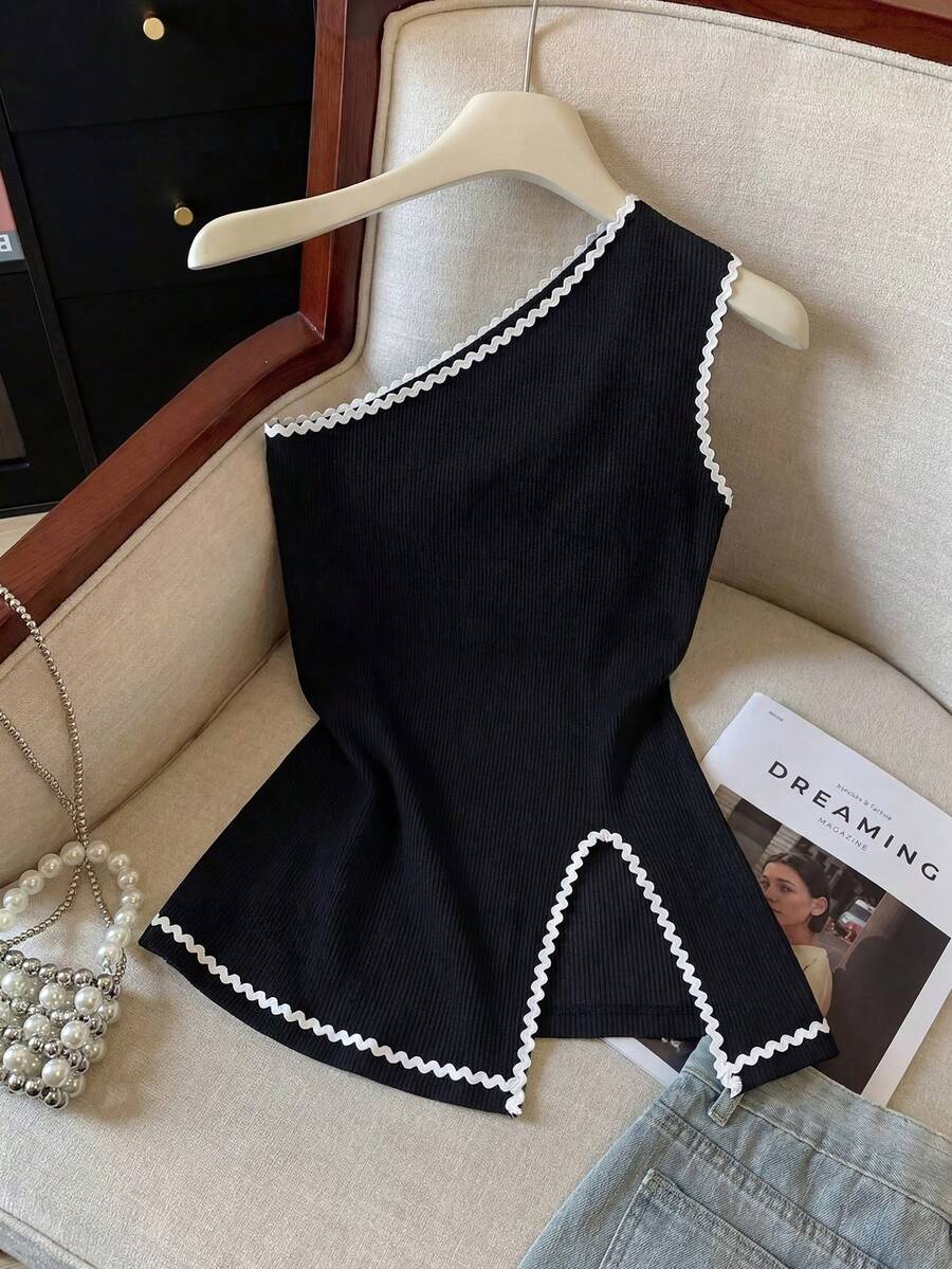 GlowEve 女士新款休闲通勤旅行上衣，纹理面料，不对称下摆，不对称肩部设计，撞色波浪纹缎带，适合女性在秋季、情人节、新年、节日、万圣节、圣诞节等场合穿着。 - 黑色 - 查看 1