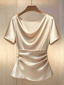 Franclia Women's Elegant Champagne Satin Blouse, Summer Office Commuting Minimalist Draped Collar Pleated Faux Button Decor Asymmetric Hem Formal Tops - Apricot - View 3
