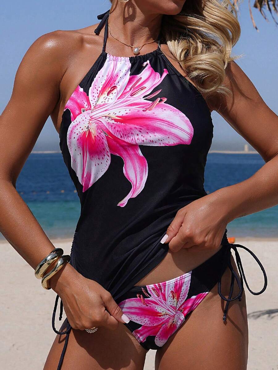 Aveloria Modichic Áo bikini hai dây không lưng, màu trơn, chất liệu vải có họa tiết, dây rút, dành cho nữ, thích hợp cho kỳ nghỉ. - màu đen - Xem 1