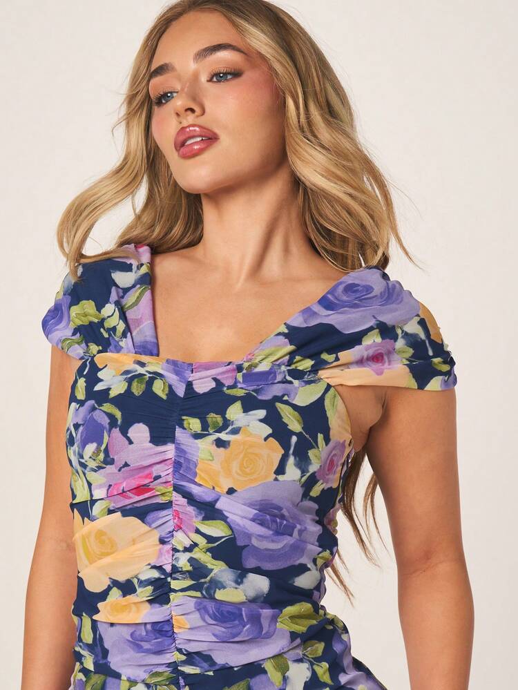 MISSGUIDED Floral Chiffon Ruched Mini Dress With Ruffled Hem