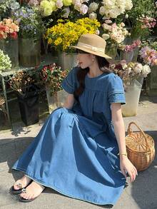 DAZY 女士圆领荷叶边清新韩风度假风牛仔连衣裙长裙 - 藍色 - 查看 6