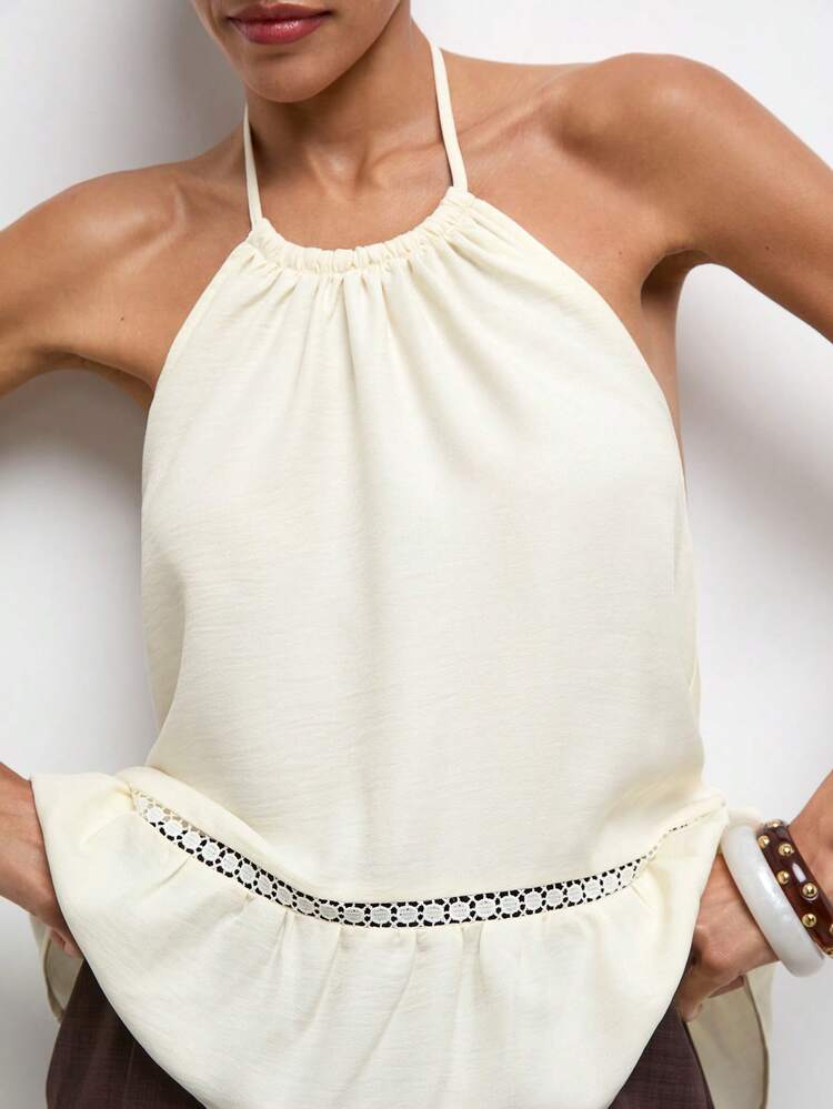 SHEIN Maija Women's Tie-Neck Backless Solid Color Pleated Casual Versatile Daily Wear Top,White Tops,Summer Clothes, Beach Outfit ,Summer Holiday Outfits,Vacation Outfits For Women,Summer Top