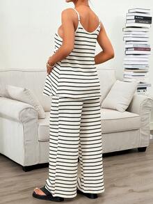 SHEIN Maternity Striped Camisole And Adjustable Waist Wide Leg Pants Casual 2 Pieces Set - Black and White - View 2