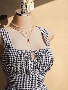 SHEIN ICON Đầm kẻ caro dáng chữ A cổ vuông, eo thắt, chất liệu dệt kim, cỡ lớn, thích hợp cho kỳ nghỉ hè. - Xanh và trắng - Xem 6