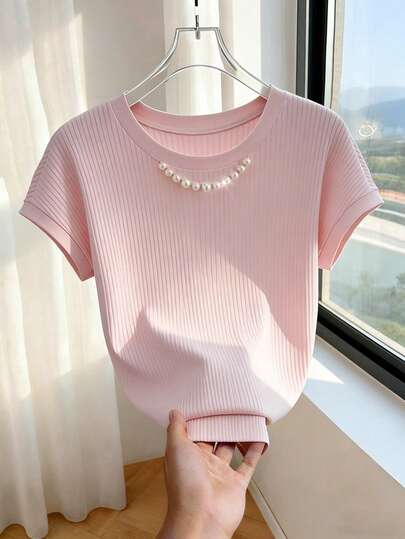 Franclia 法式优雅针织T恤，纯色，可爱上衣，夏季，女士粉色T恤，女士圆领T恤，优雅户外上衣，派对上衣