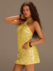 Athîral Women's Casual Vacation Yellow Sequin Knit Mini Skirt, Suitable For Beach, Party - Pale Yellow - View 6