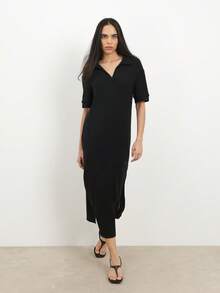 KSTM 翻领针织中长连衣裙，长袖V领黑色连衣裙，侧开衩设计，秋冬季优雅办公室职业装 - 黑色 - 查看 6