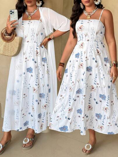 Ceyna 大码女式印花七分袖宽松休闲长款开衫外套和无袖连衣裙两件套优雅套装，适合度假、约会，收腰喇叭下摆大码套装