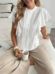 Isle Nomé Women's White Pleated Stand Collar Shirt With Layered Short Sleeves Casual Top - White - View 6