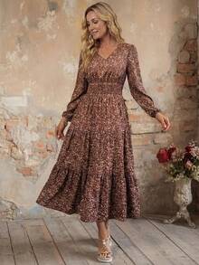 EMERY ROSE 女士休闲碎花长袖连衣裙，适合秋冬季日常穿着 - 棕色 - 查看 5