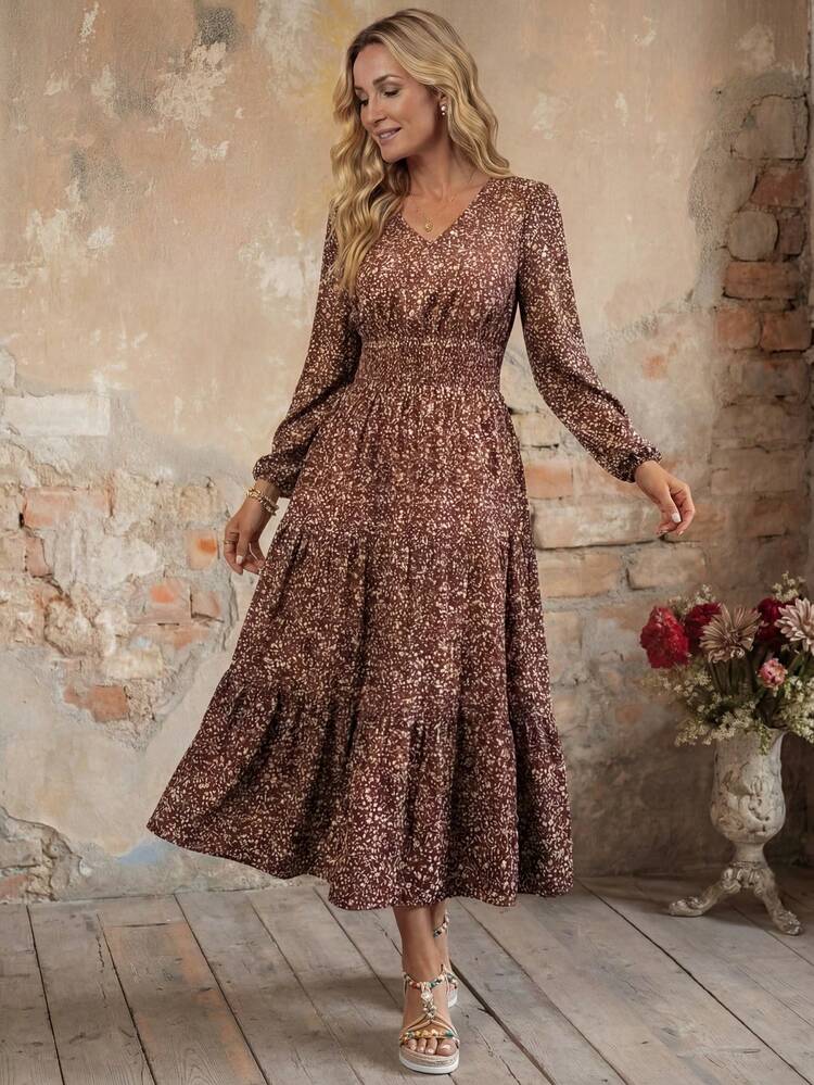 Women's Casual Floral Print Long Sleeve Dress, Suitable For Autumn/Winter Everyday Wear Winter Dress Elegant Dresses For Women Floral Dress For Women Elegant Midi Dress Autumn Dress Earth Tone Dress Fall Dresses For Women Women Outfit Date Night Going Out Dress