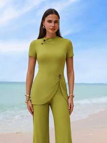Swim Shayni 新款夏季女士圆领短袖收腰荷叶边前开衩连衣裙和阔腿裤绿色休闲度假布基尼套装 - 綠色 - 查看 4
