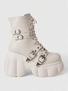 ROMWE Grunge Punk Women Heeled Sandals~ 2026 New Fashion Autumn And Winter Punk Style Beige PU Round Toe Wedge Heel Thick Bottom Rivet Metal Buckle Front Zipper Small High Heel Riding Boots Hot Girls Ankle Boots - Beige - View 2