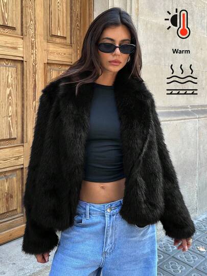 Aloruh Fluffy Thick & Warm Loose Fit Long Sleeve Outerwear For Womenwinter, Old Money, Casual, Black, Faux Fur, Plush, Long Sleeve