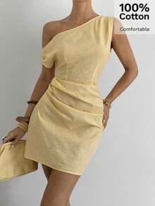 Siren Gaze Elegant Pale Yellow Cotton Bodycon Mini Dress For Women,Chic Asymmetric One-Shoulder Ruched Waist Dress,Summer Vacation Beach & Party Cocktail Wear - Apricot - View 2