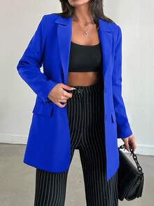 EURMUSE Women's Casual Commuter Solid Color Notched Collar Single-Breasted Blazer, Autumn - Blue - View 5