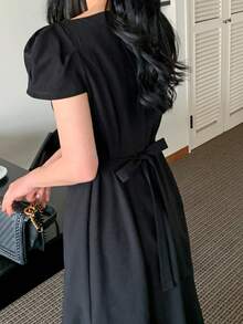 DAZY Women's Fitted Midi Dress With Collar - Black - View 5