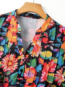Linhara Colorful Floral Print V-Neck Ruffle Sleeve Blouse - Multicolor - View 5