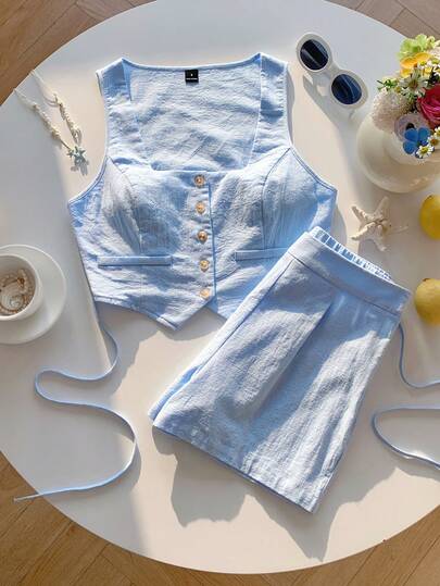 Comfortcana 春夏新款女士100%纯棉蓝色无袖短款两件套，适合派对、海滩、婚礼、毕业典礼、外出、舞会、生日等场合，尽显优雅、度假、休闲、奢华、运动、正式场合的时尚风范。