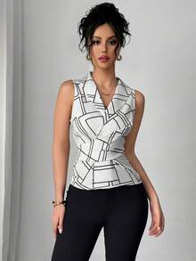 Elenzga Elegant Geometric Print Collared Pleated Sleeveless Blouse - White - View 6