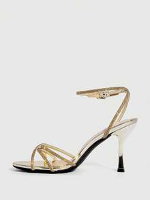 CUCCOO SZL 女士经典简约闪亮水钻细高跟凉鞋交叉绑带设计宴会派对舞蹈性感时尚晚宴通勤女鞋 - 金色 - 查看 10