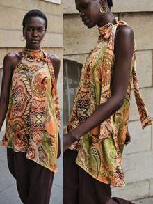 Lumivelle Áo hai dây nữ dáng suông, chất liệu satin, họa tiết Paisley nhiều màu, cổ yếm cao, bèo nhún, thắt nơ to bản, vạt áo bất đối xứng, xòe rộng, lưng hở, thanh lịch, gợi cảm, sang trọng, lãng mạn, thường ngày, phong cách boho, nghỉ dưỡng, thích hợp cho mùa xuân/hè. - Nhiều màu - Xem 1