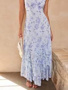 Enchnt Elegant Light Blue Floral Print Ruffle Hem Sleeveless Maxi Dress, Summer - Baby Blue - View 6
