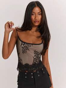 SHEIN BAE 性感透视蕾丝吊带背心，适合夜店、俱乐部、约会、蕾丝上衣、夏季上衣、黑色上衣、早午餐、休闲上衣、音乐节、邮轮旅行等场合。 - 黑色 - 查看 5