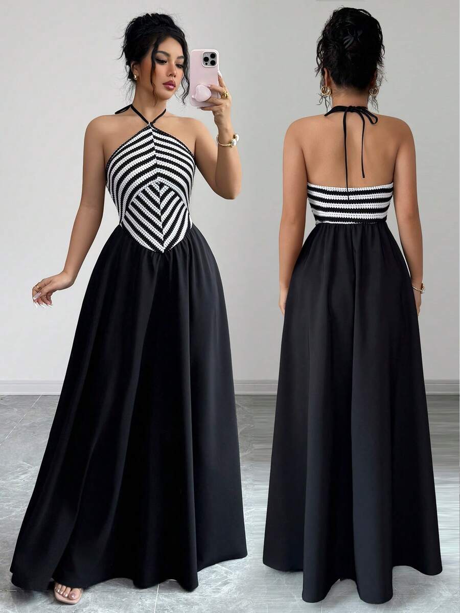SHEIN Clasi Women's Black And White Summer Elegant Dress,Waffle Stripe Patchwork Flowing A-Line Skirt,Ladies' Resort Outfit,Party Night Wedding Guest Dress - Black and White - View 1