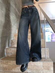 DAZY 女士水钻装饰复古喇叭牛仔裤，复古少女风 - 藍色 - 查看 10