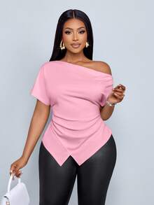 SOLERSUN Women's Elegant Asymmetric Neckline Ruched Asymmetric Hem T-Shirt - Baby Pink - View 1