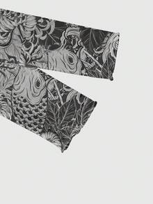 ROMWE Grunge Punk 锦鲤图案新款中国风辣妹音乐节菊花花园花卉性感透视网纱长袖女式衬衫 - 黑色 - 查看 4