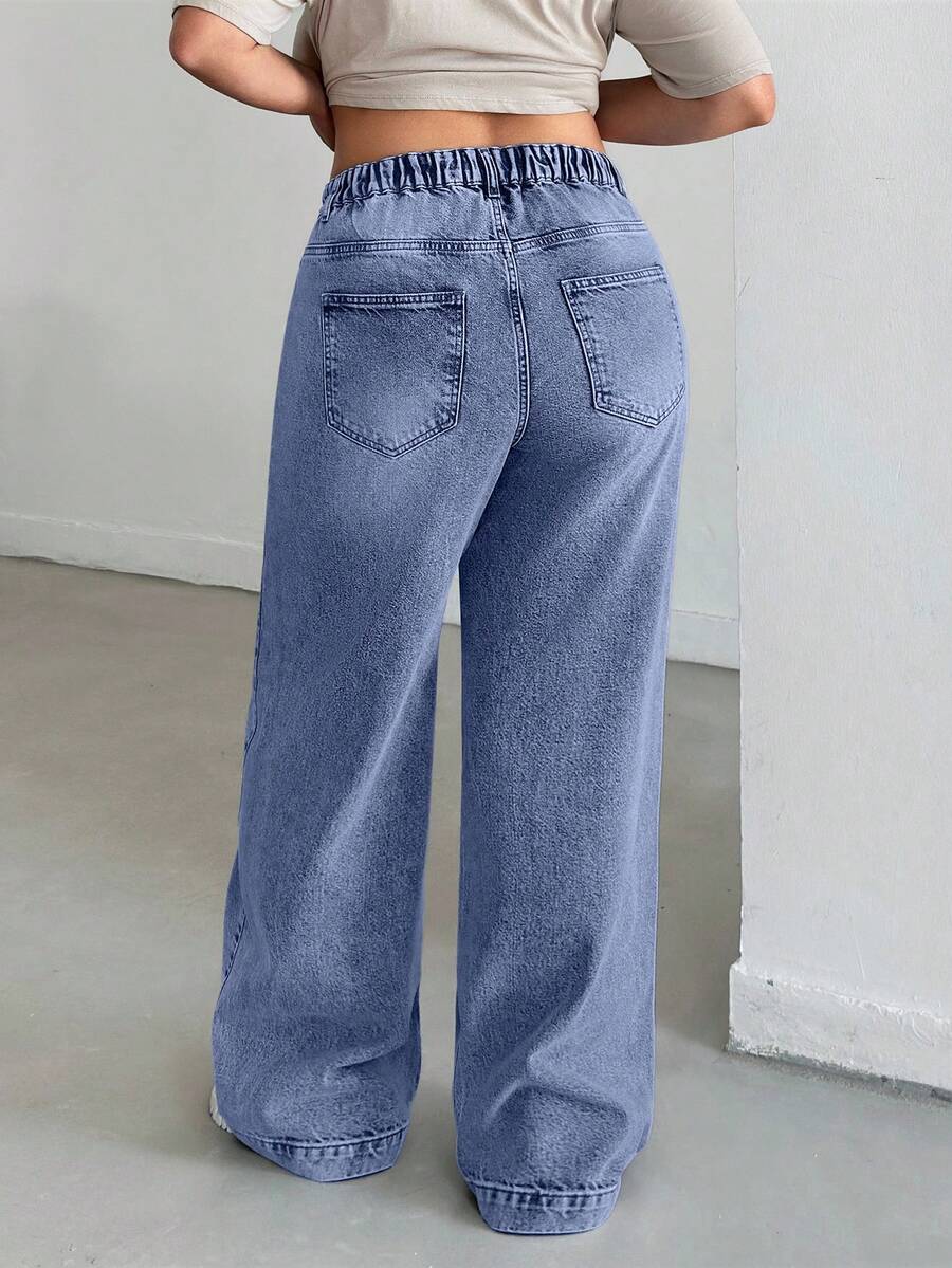 EURMUSE WOMEN HIGH WAISTWIDELEG CUTLINE PLUS SIZE JEAN - Baby Blue - View 1