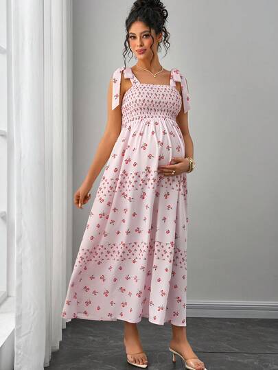 Momance Maternity Ditsy Floral Tie Shoulder Strap Midi Dress