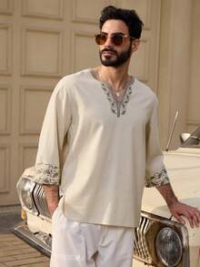 DAZY 中长袖男士衬衫，中东风格，春季款 - 杏色 - 查看 1