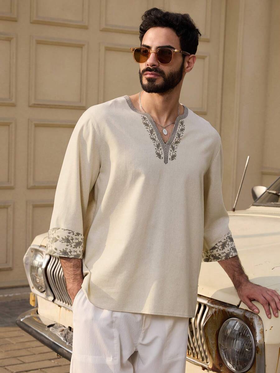 DAZY 中长袖男士衬衫，中东风格，春季款 - 杏色 - 查看 1