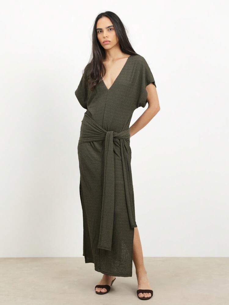 KSTM Women's Olive Green Deep V-Neck Maxi Dress With Side Tie Detail And High Side Slit For Casual Summer Beach Occasions