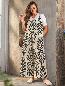 EMERY ROSE 大码女式休闲度假树叶印花连体裤，带口袋，春夏款 - 黑與白 - 查看 6
