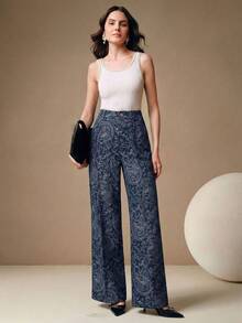 Anewsta Modern Design Digital Print Casual Blue Jeans, High Waist Loose Slimming Straight Leg Pants For Women, Spring/Autumn New Arrival - Blue - View 5