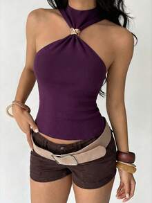 Aloruh 女士优雅简约现代金属装饰船领露肩套头针织毛衣，夏季针织上衣 - 紫色 - 查看 3