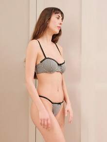 lacRébo Black And White Gingham Balconette Bra & Matching Brief With Flower Trim Gingham Lingerie Cute Lingerie Set Spring Summer French Style Parisian Style - Black and White - View 4