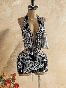 Soleia Bộ 2 món gồm áo yếm và chân váy ngắn đính sequin lấp lánh, thích hợp cho các lễ hội âm nhạc, tiệc tùng, Tết Nguyên đán, hội nghị thường niên, Giáng sinh, Halloween. - màu đen - Xem 6