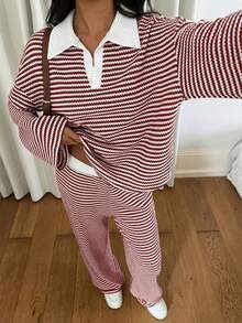 Siren Gaze Women's 2pcs Set Loose Striped V-Neck Drop Shoulder Long Sleeve T-Shirt &Elastic Waist Striped Pants, Winter Sweater Suit ,Autumn/Winter Comfy Two Piece Set 2 Piece Lounge Sets Woman Striped Two Piece Set Lounge Wear Women Set Comfortable Two Piece Set - Red and White - View 7